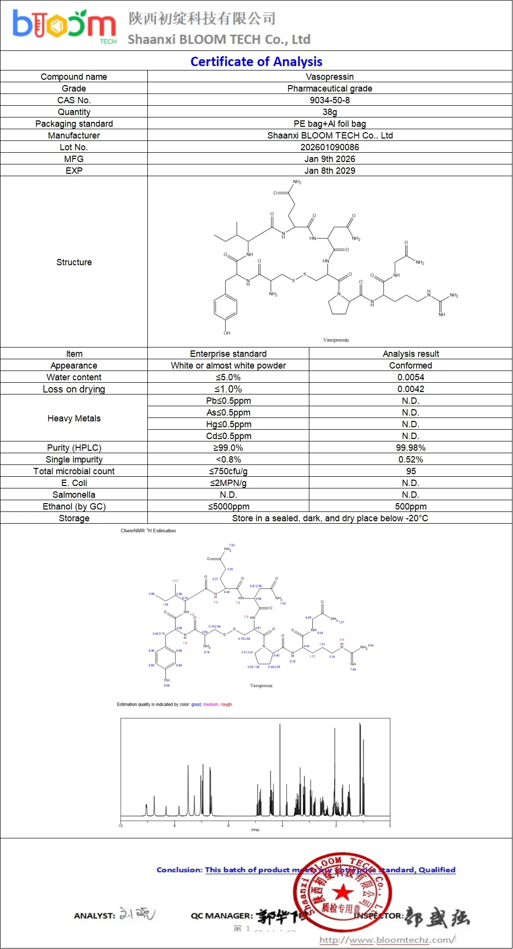 Vasopressin COA | Shaanxi BLOOM Tech Co., Ltd Vasopressin COA | Shaanxi BLOOM Tech Co., Ltd